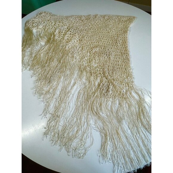 Vintage 80s silky crochet shawl, oversize fringed boho wrap - Picture 9 of 9
